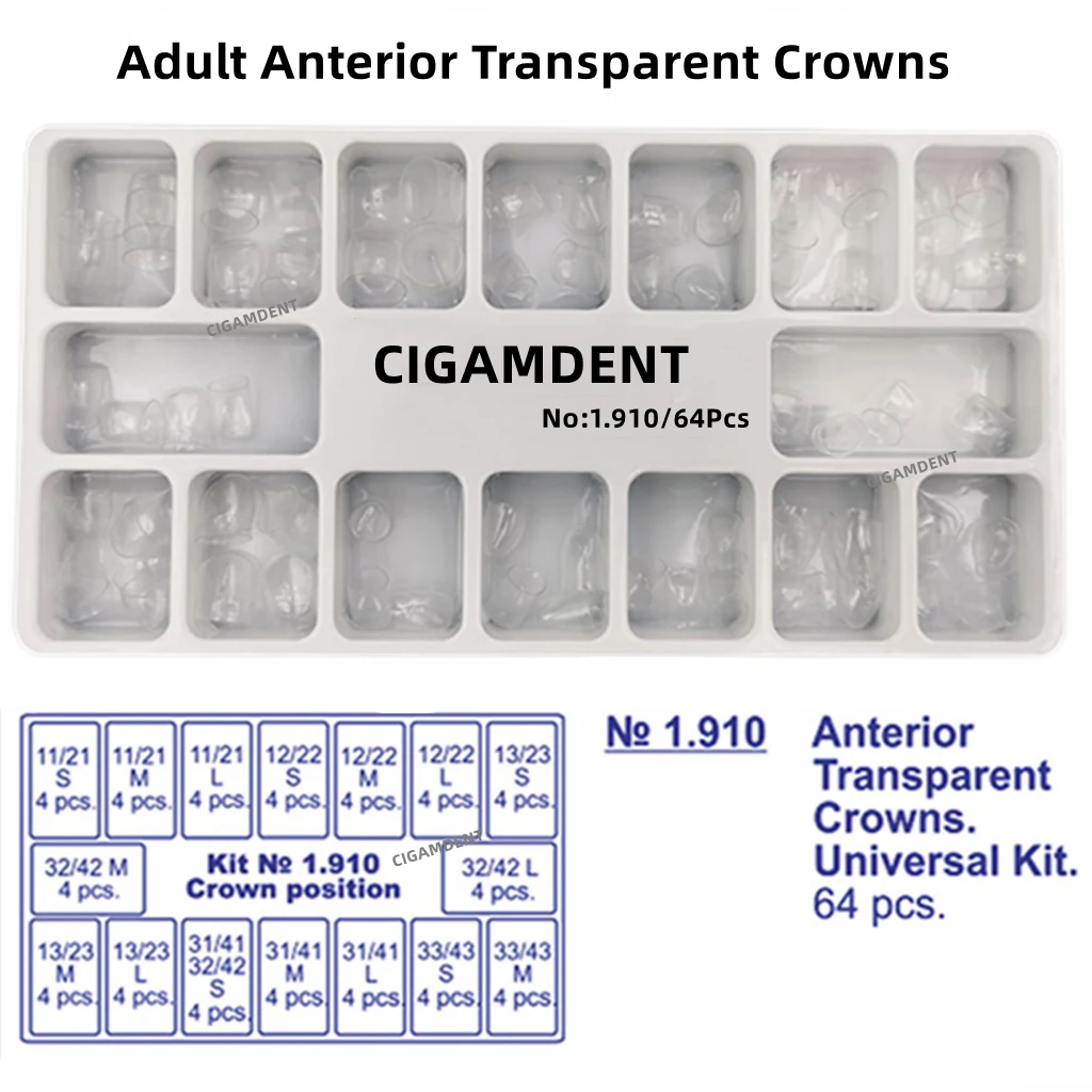 64pcs/box Dental Transparent Crowns Adult Kids Deciduous Posterior and Anterior Teeth of Adult Dental Crowns Temporary Matrix