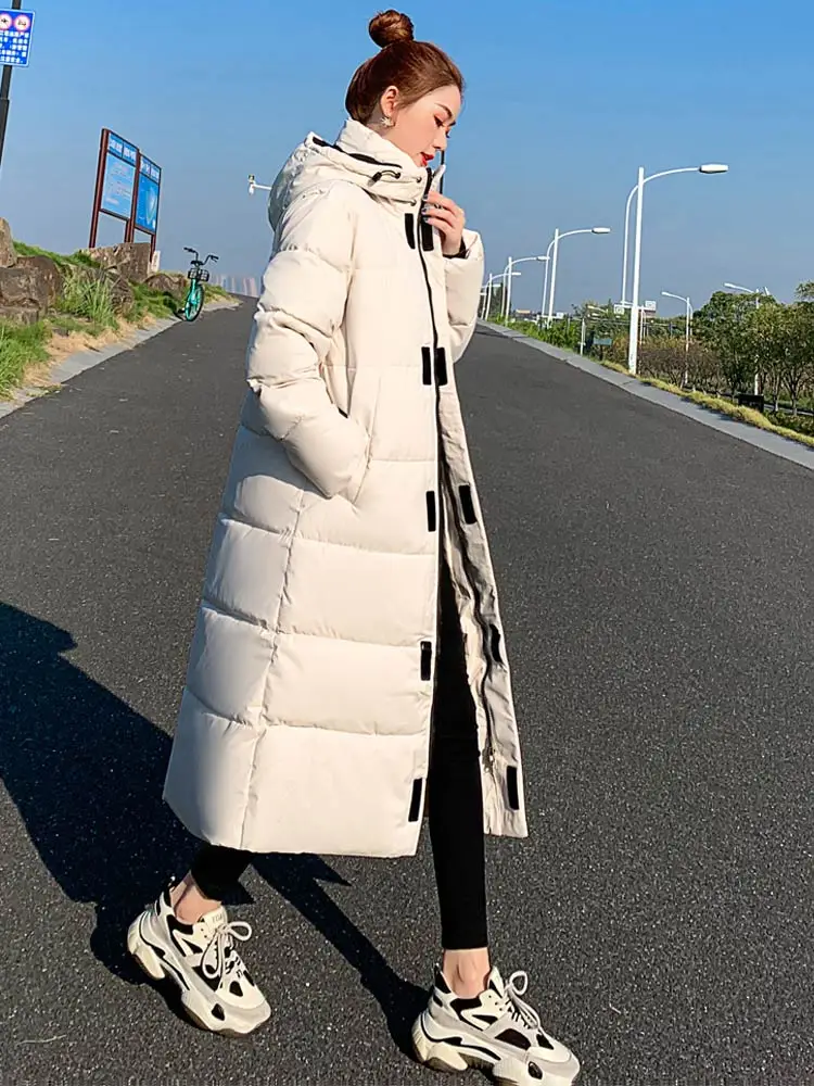 Vielleicht Parka Coat Extra Long Winter Jacket Women Hooded Pocket Zipper Female Lady Windbreaker Coat Casual Outwear Clothes