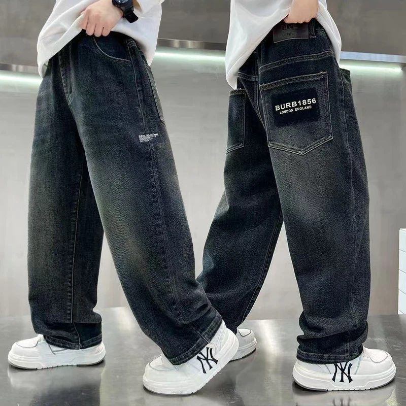 Teenage Boys Denim Pants Spring Autumn Kids Fashion Letter Jeans Pants Casual Loose Straight Trousers for 4-14 Years Old