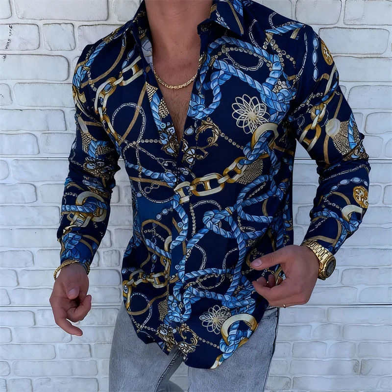 Men's luxury chain pattern long-sleeved shirt European and American style fashion slim-fit printed shirt personality trend style