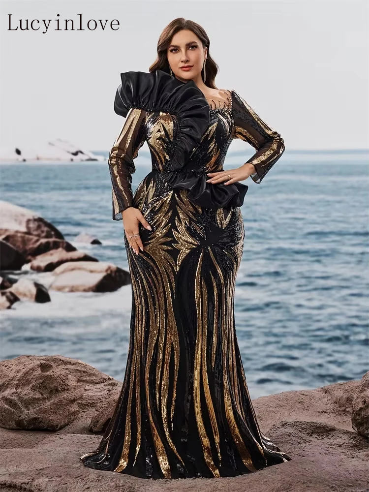 Lucyinlove Plus Size Luxury Ruffled Sequins Evening Dresses Elegant Long Sleeve Mermaid Formal Wedding Party Cocktail Gowns