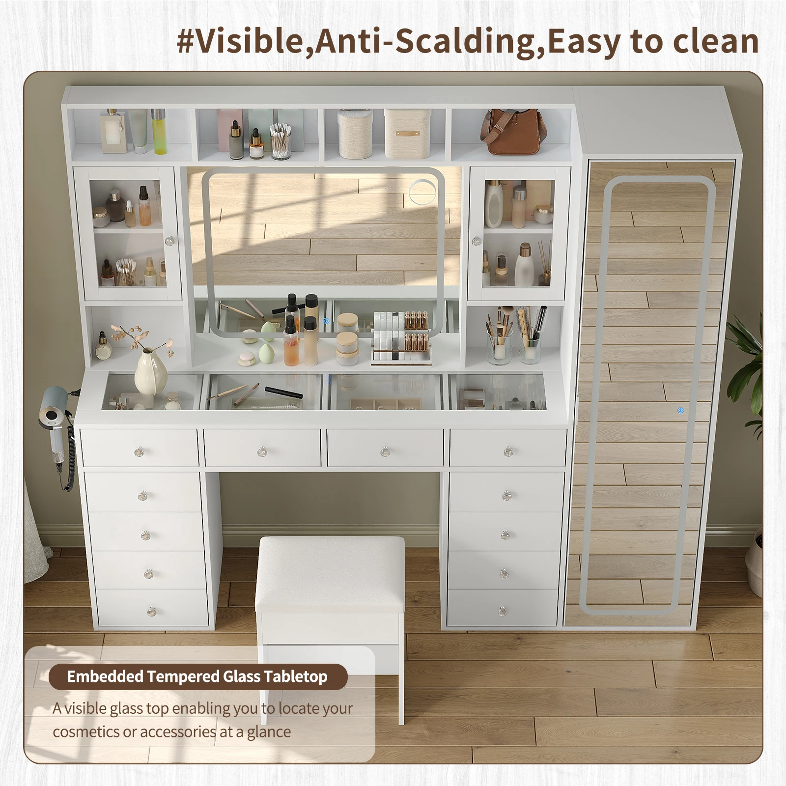 Makeup Vanity Table Set with Stool & LED Mirror, 3 Adjustable Brightness Lighting Settings, Multi-Drawer & Open Display Shelves, Shatter-Resistant Tempered Glass Top with USB Charging Port