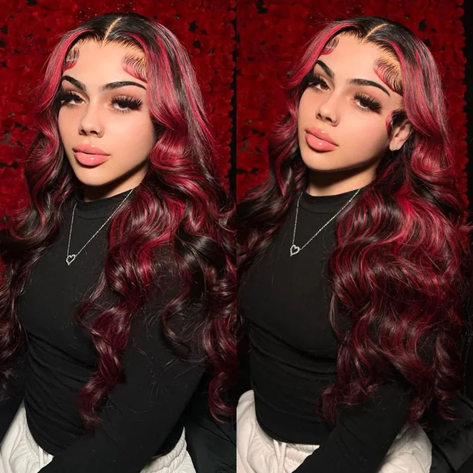 Burgundy Highlight 1b/99j Body Wave 13x4 HD Lace Front Human Hair Wig Brazilian 30 32 Inch Colored 13x6 Lace Frontal Wigs 250%