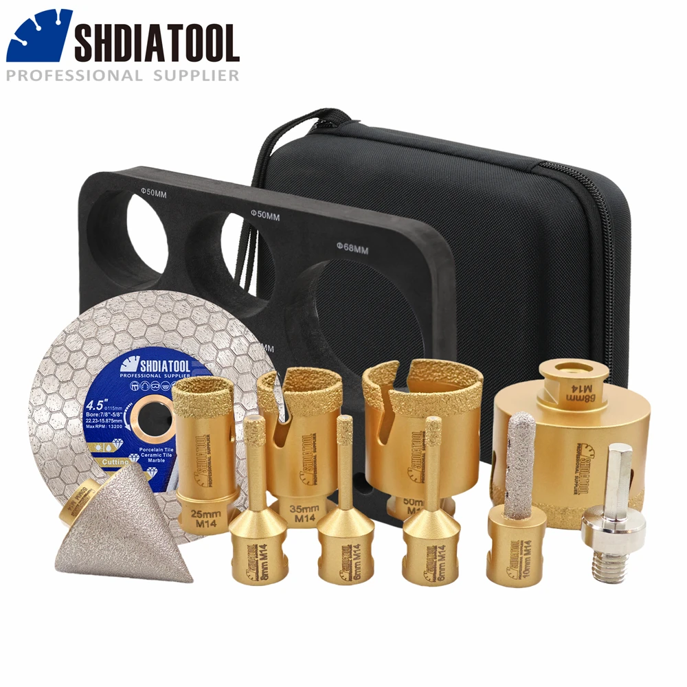 SHDIATOOL 10Pcs Diamond Drill Bits Sets Dia6-68mm Hole Saw+50mm Chamfer Bit+10mm Milling Bits+Dia115mm Double-side Cutting Disc