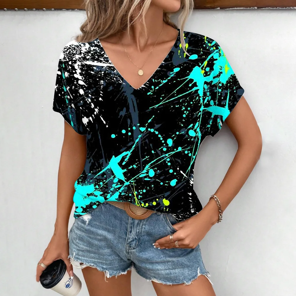 Color Splashed Ink 3D Print T-shirt Women Streetwear Casual T Shirts Y2k Tops Woman Harajuku V-Neck Tees Oversized Clothing