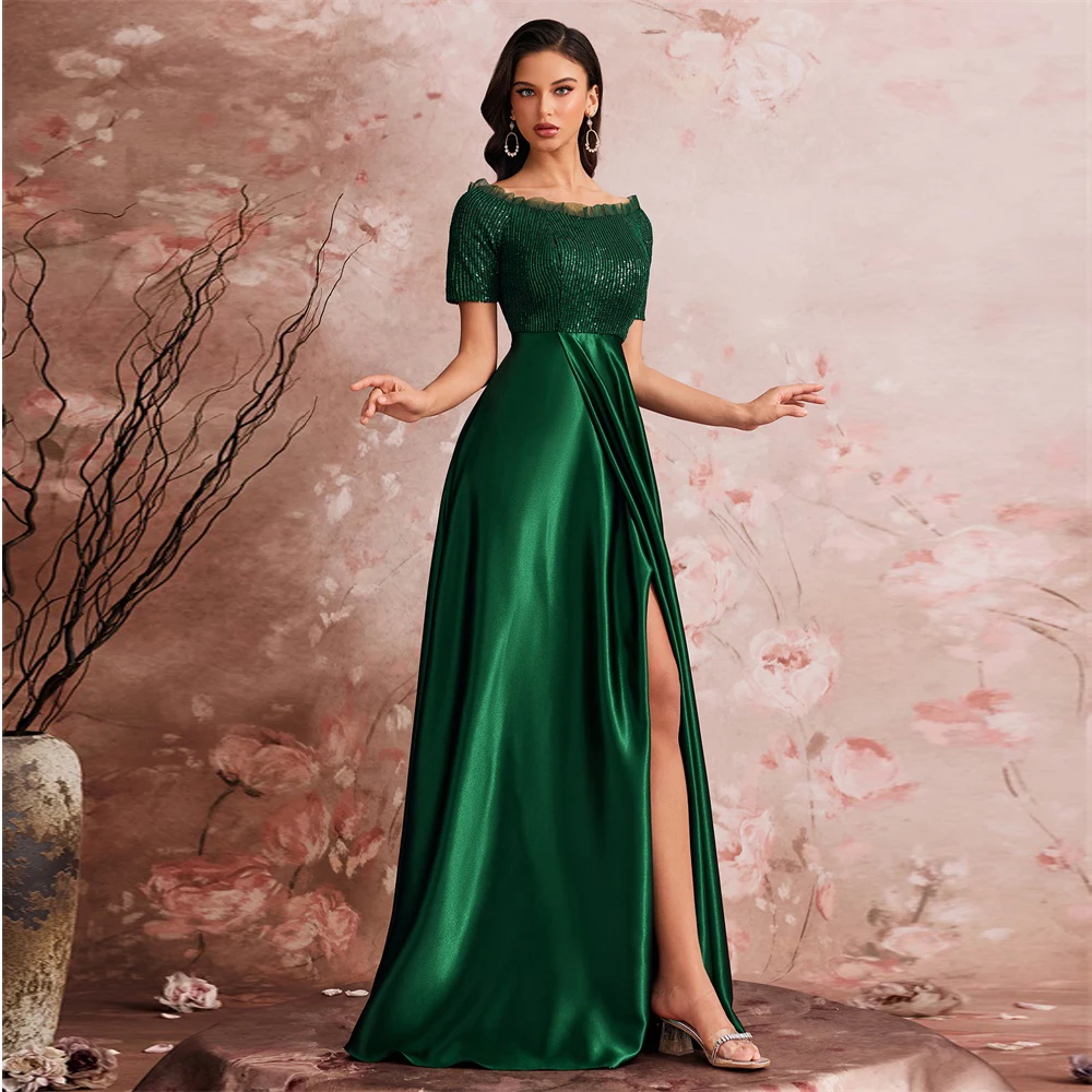 Lucyinlove luxo verde cetim com decote em v vestido de noite feminino cetim festa de casamento baile até o chão vestido de cocktail fora do ombro