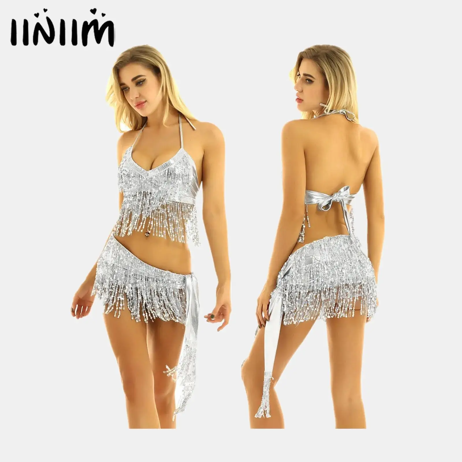 

Womens Shiny Sequin Tassels Belly Latin Dance Performance Costume Halter Neck Back Tie Up Bra Top with Hip Scarf Wrap Skirts