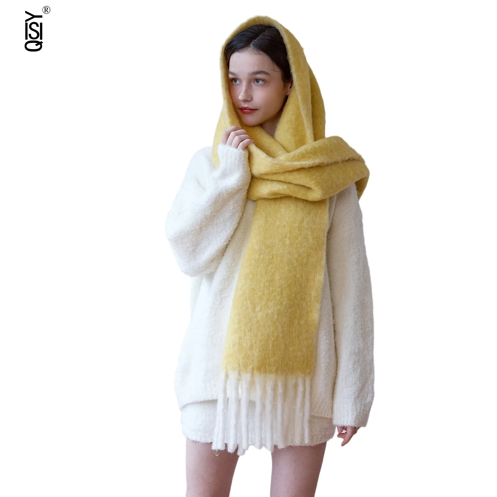 Lenço de lã estilo suave para mulheres xale de cor sólida espessada e quente