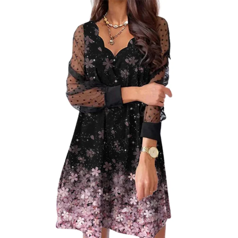 

Fashion Lace Long Sleeve Wave V Neck Women Dresses Elegant Sweet Style Botanical Flower Print Dress Female Casual Commuter Gown