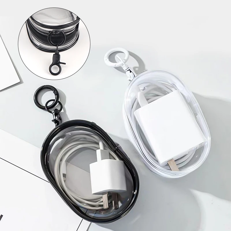 Multi-functional Portable Clear Cosmetics Storage Bag Space Saving Organizer Earphones Chargers Powder Puff Mini Keychain Loop