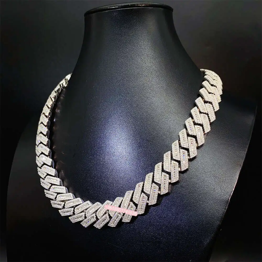 

Fine Jewelry Hip Hop Baguette Diamond Men Necklace Silver Iced Out Fully Vvs Moissanite Luxury Cuban Link Chain