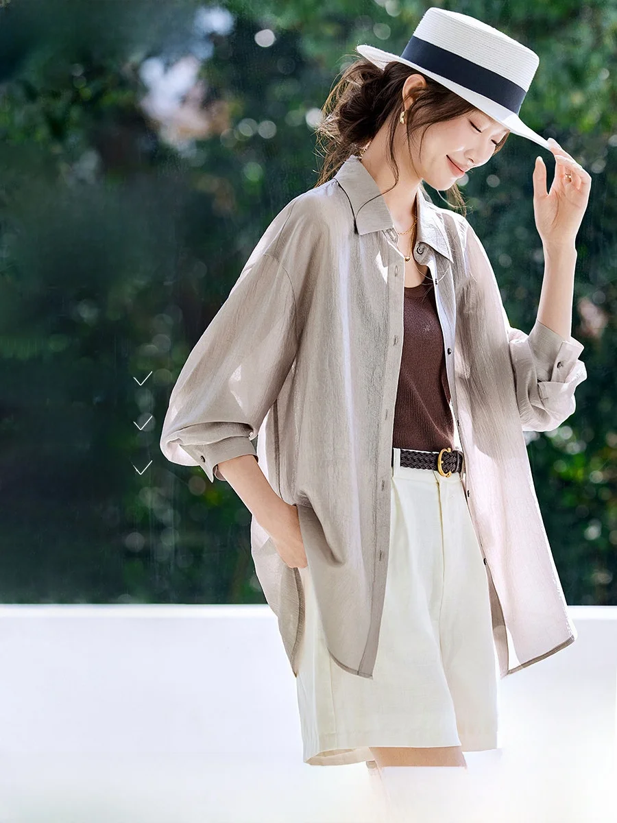 

Mehaimei Acetate Commute Shirt Summer New Lazy Casual Comfortable Sunscreen Breathable Women's Long Sleeve Flip Collar Top