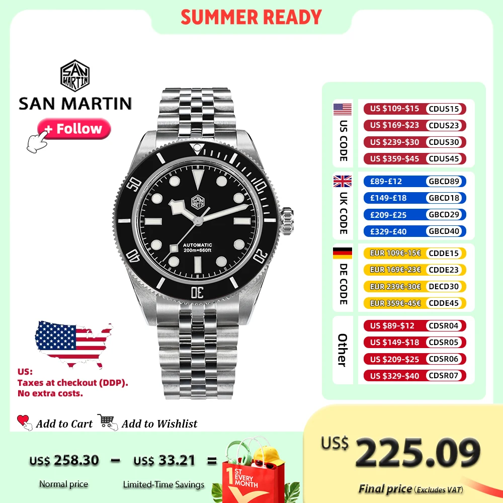 San Martin 40mm BB Men Watch Luxury Sport Diver Fly Clasp NH35 Automatic Mechanical Man Watches Jubilee BGW-9 20Bar SN0128