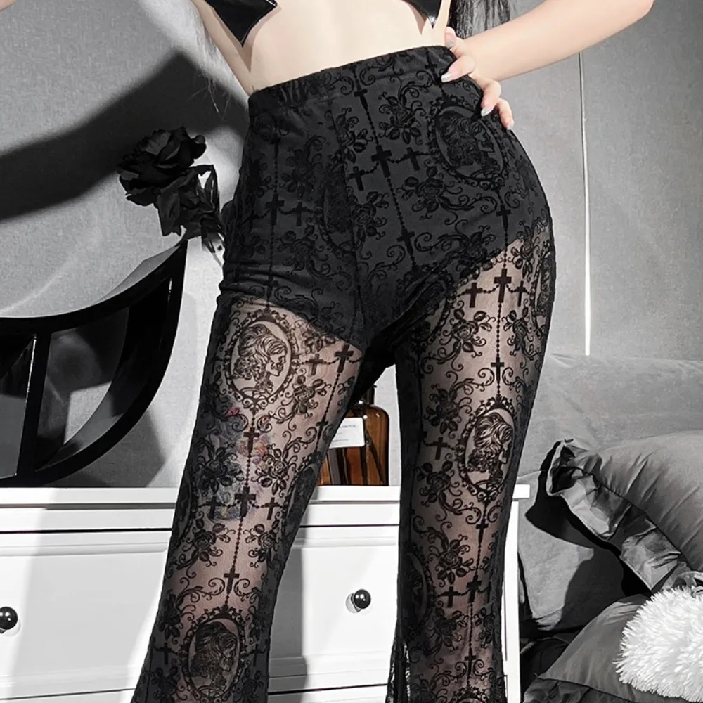 

Fashion Patchwork Lace Flare Trousers See Through Y2K Sexy Harajuku Pants Female Gothic Punk Commuting Pants