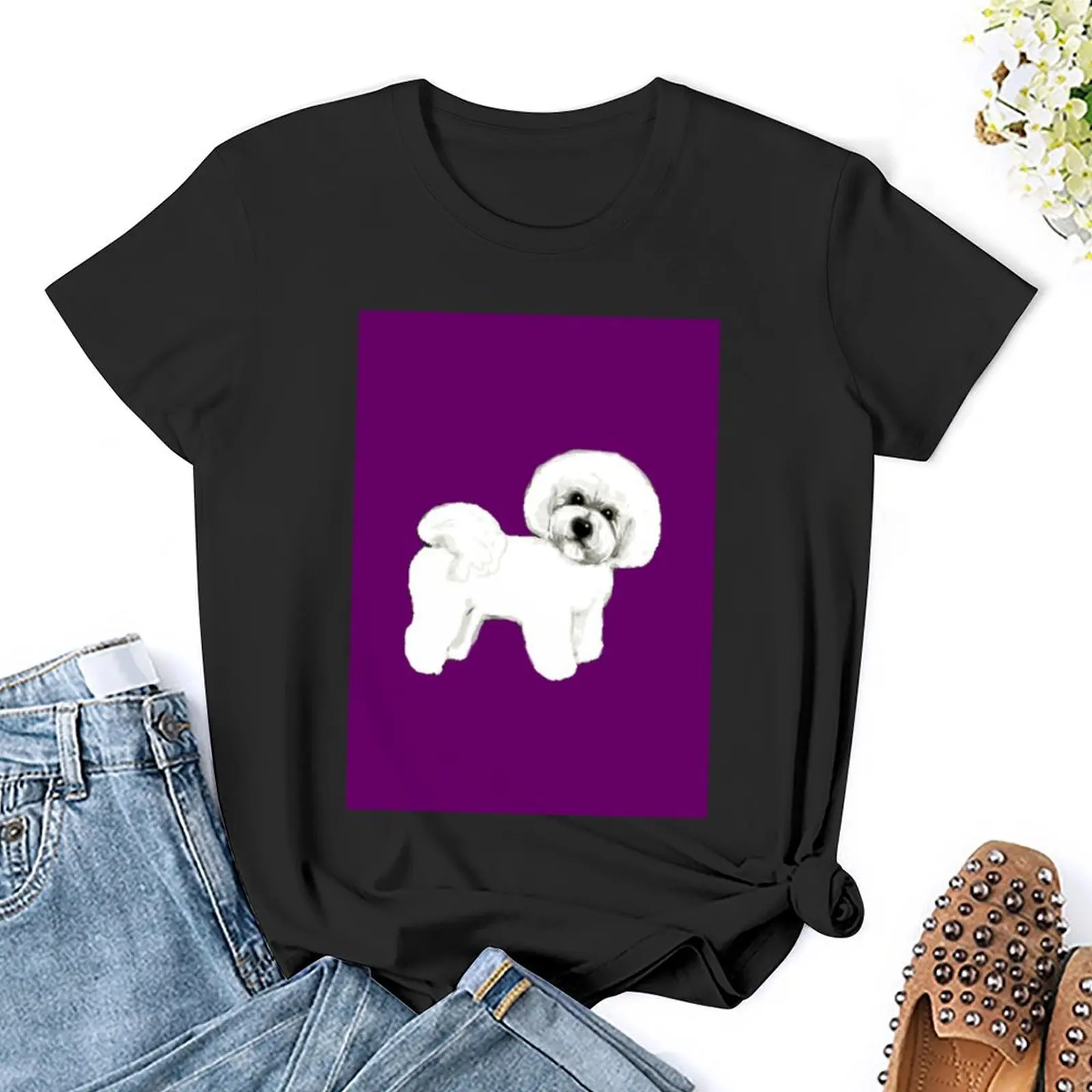 Camiseta de manga curta feminina, bichon frise cachorro em ultravioleta, camiseta gráfica pantone, tops da moda coreana, tops femininos