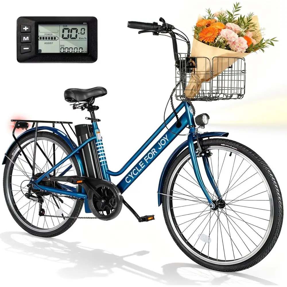 

26 1000W Peak City Cruiser E-Bike, 20MPH, 70Miles Range, 48V Removable Battery, Step-Thru Design, Detachable Basket, Rear Rack