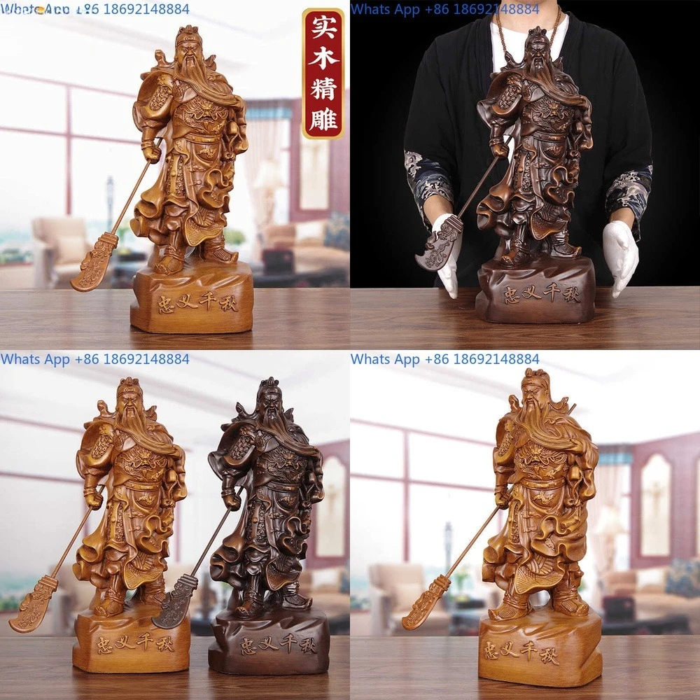 Hand Carved Solid Wood God of Wealth Statue for Home Worship Feng Shui Decoration Lucky Figurine for Prosperity and Protection