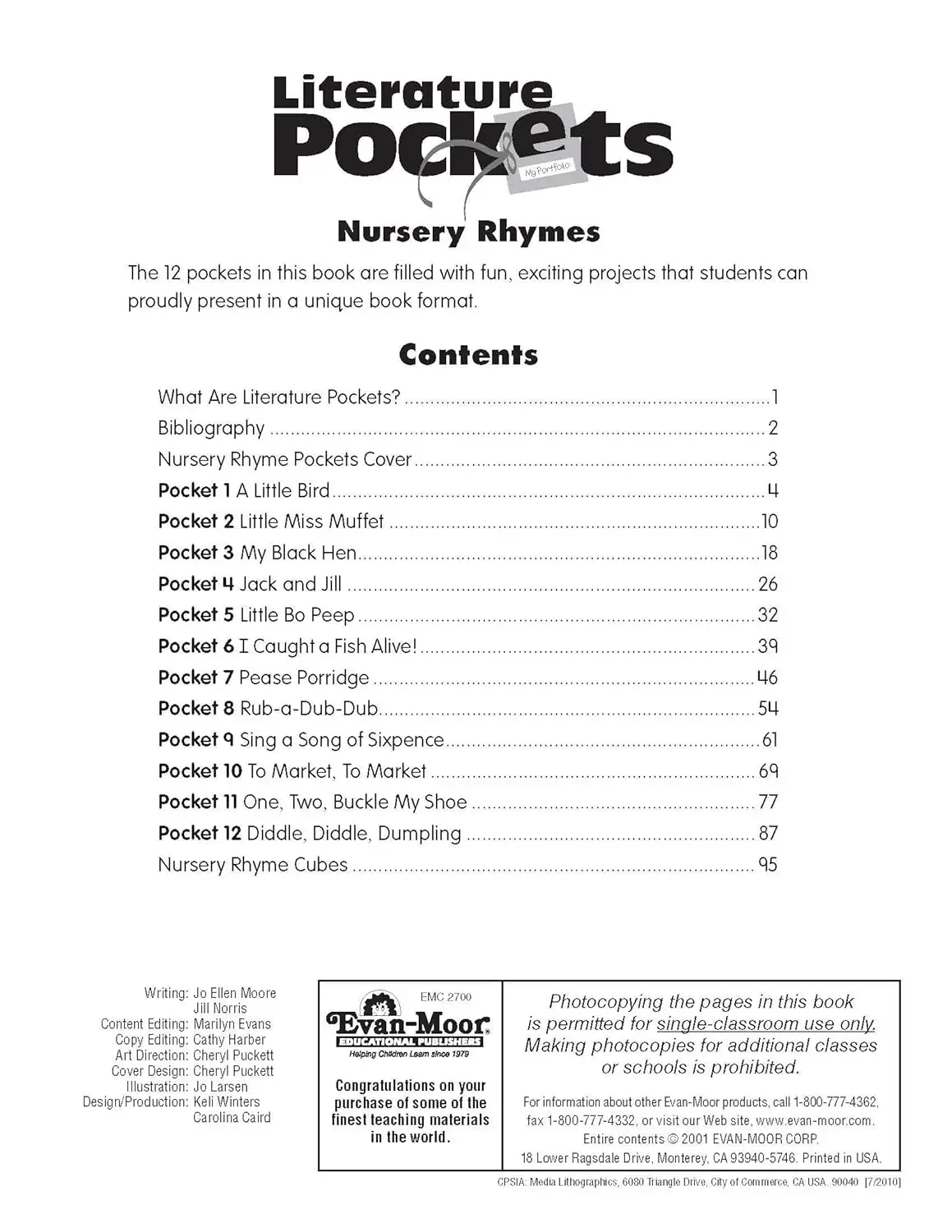 Evan-Moor Literature Pockets: Nursery Rhymes, Grades K-1 Workbook,aged 5 6 7 8, English book 9781557998194
