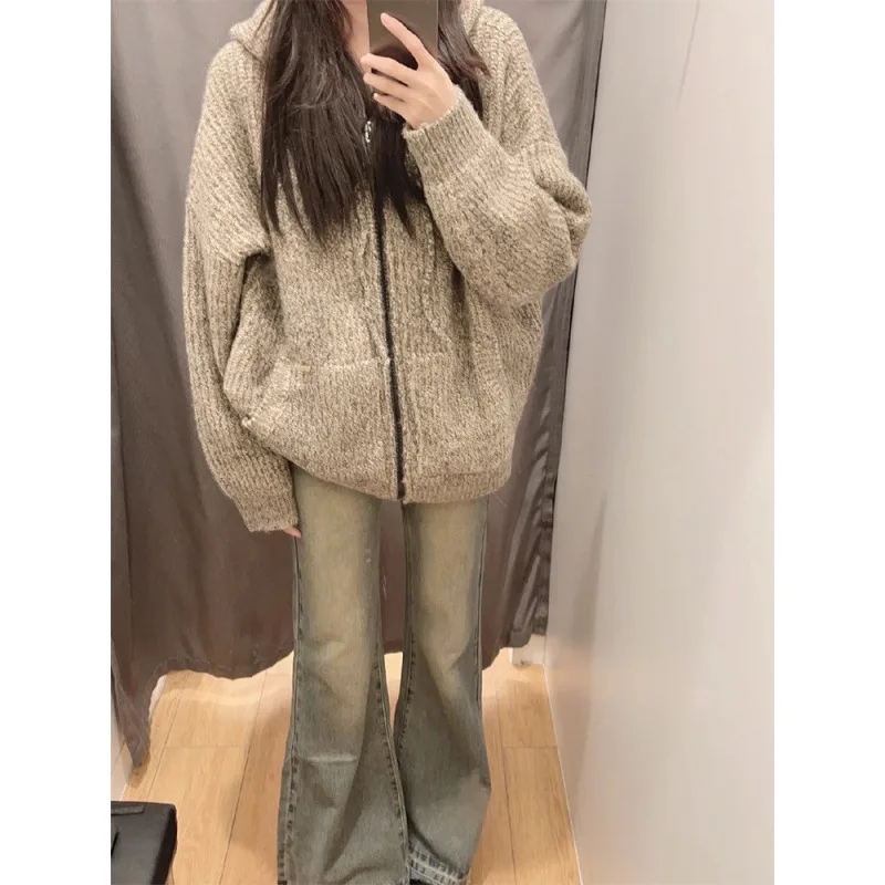 Autumn New Korean Retro Knitted Women's Oversized Hoodie Sweatshirts Winter Thick Warm Loose Zip Up Hoodie Coat for Women Y2k