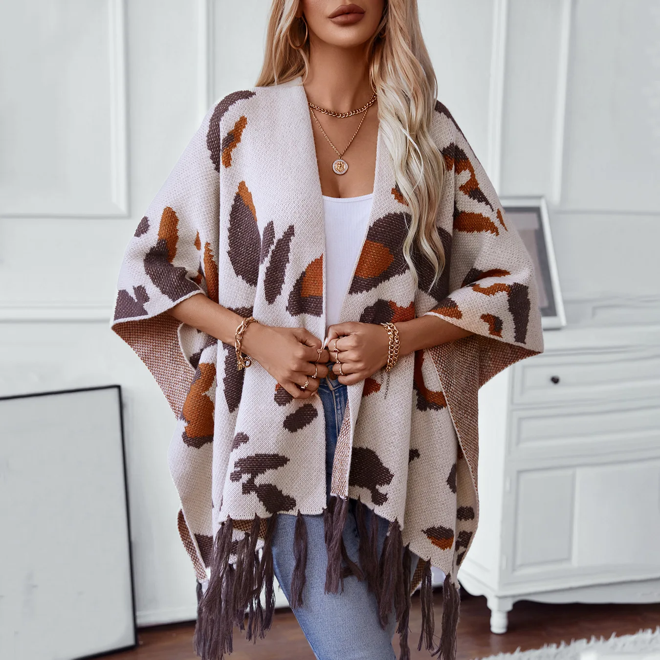 Contrasting leopard print knitted fringed cape shawl women's autumn and winter large size loose  cross-border sweater cape