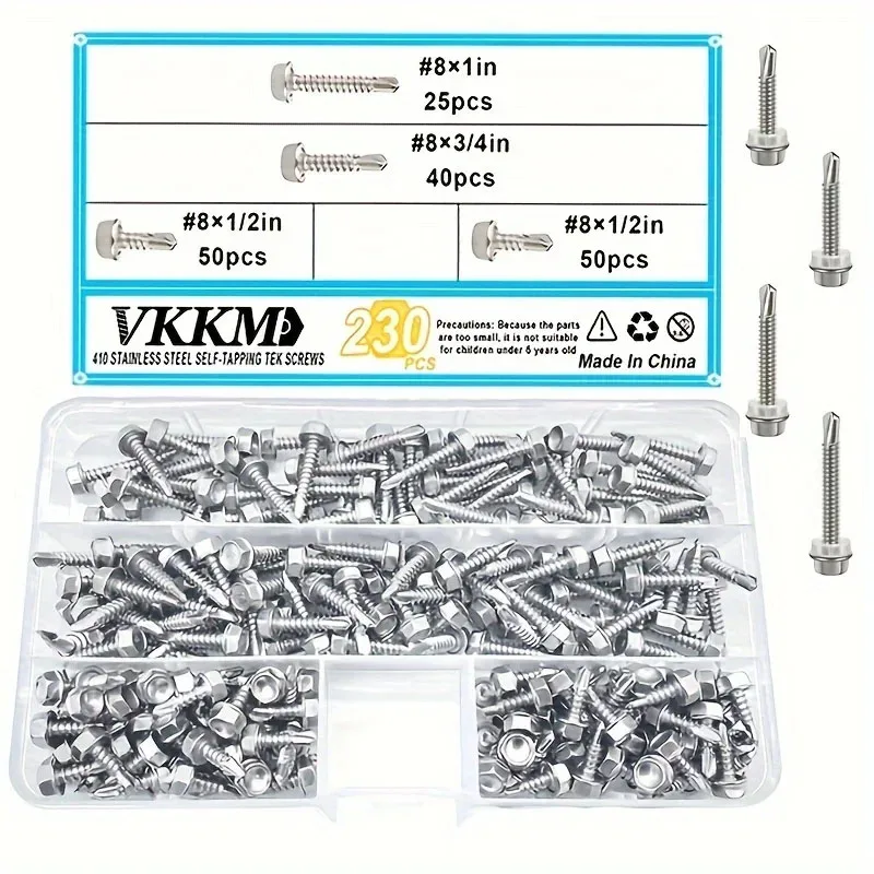 

VKKM#8 230Pcs Hexagon Tail Drill Self-tapping Screws, Suitable for Home Maintenance, Building Decoration, Diy, Etc.