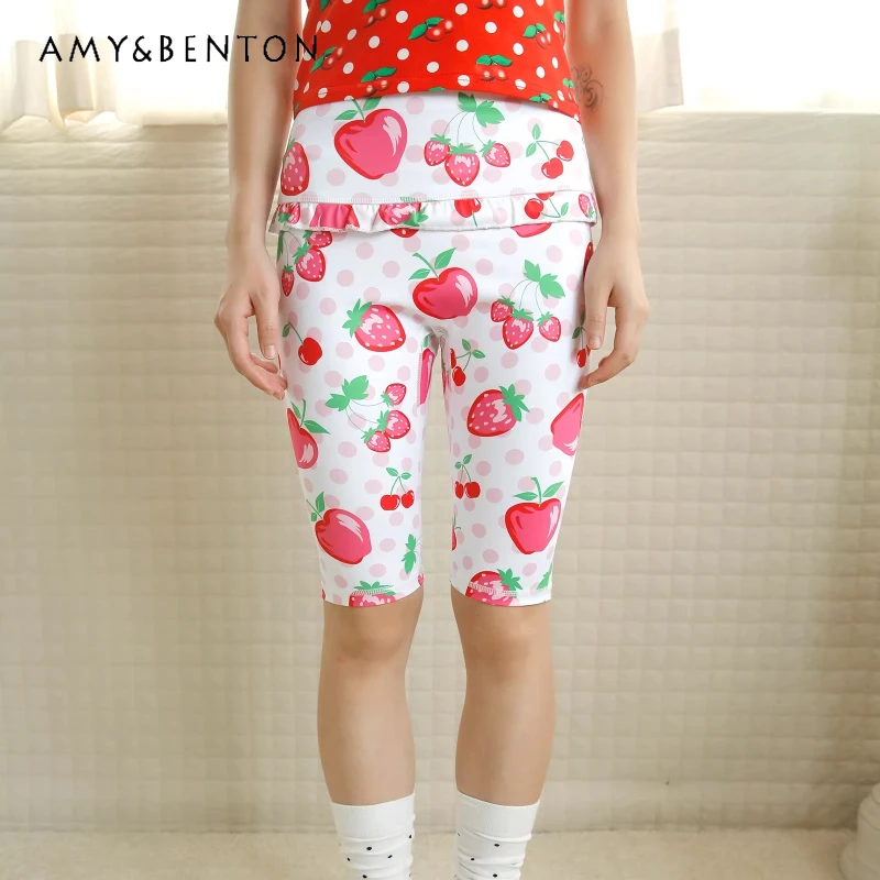 

Original Fruit Polka Dot Print Women's Clothing 2026 Summer New Sports Fitness Yoga Riding Bottoming Five-point Pants Ladies