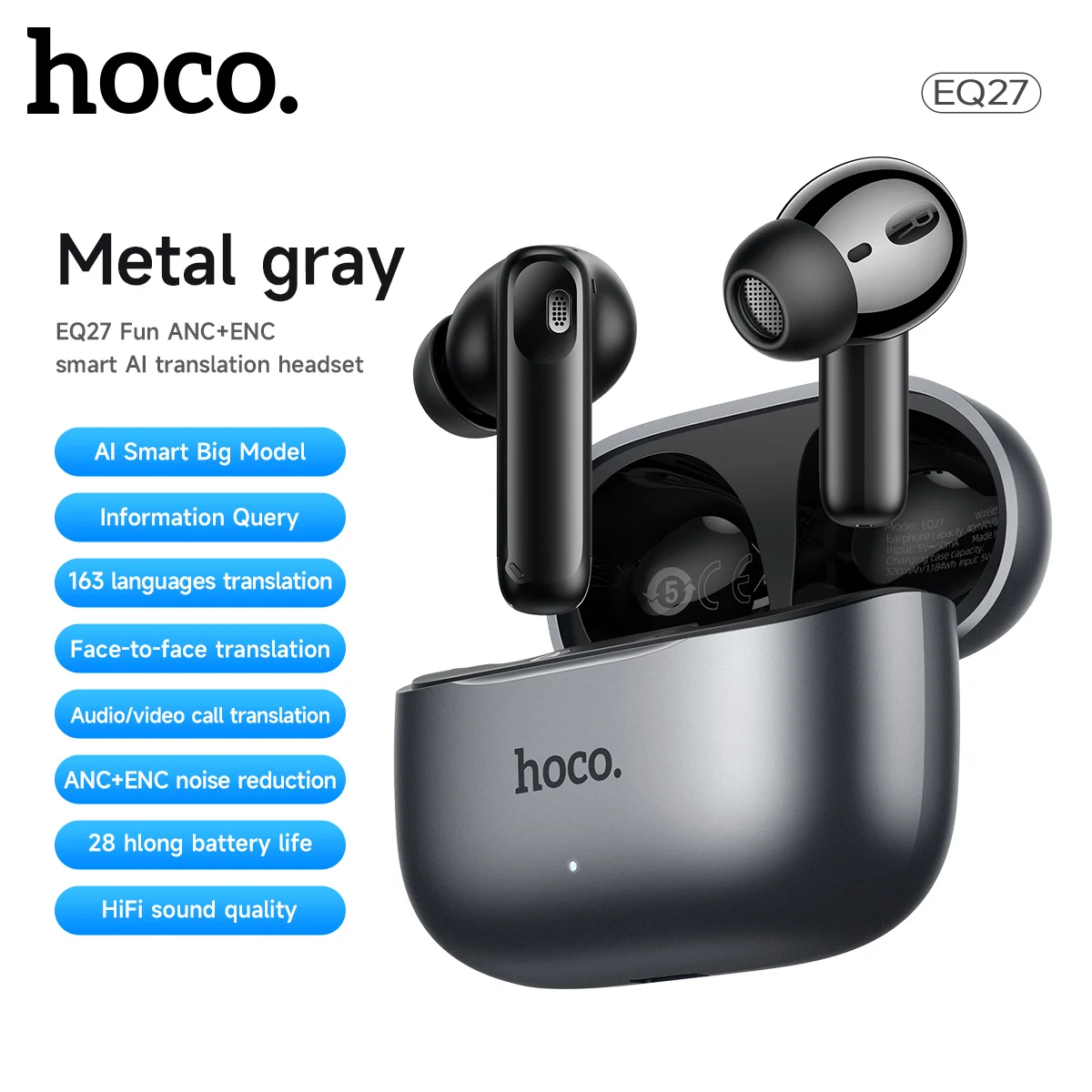 HOCO EQ27 AI ANC+ENC Smart AI Translation Headsets Bluetooth Earphones Sports Headphones HIifi Earbuds With APP Charging Box NEW