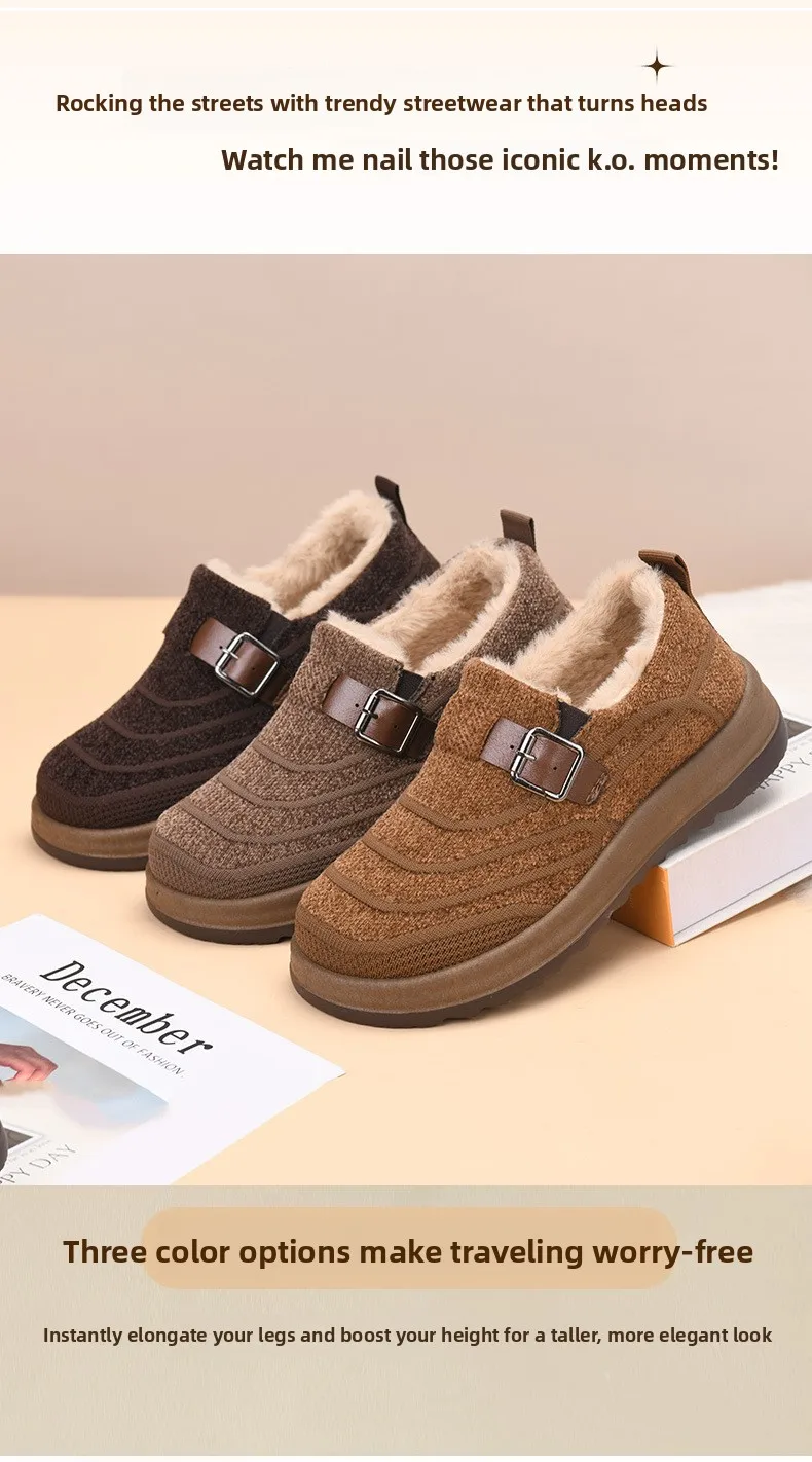 Damen-Winter-Loafer mit Fleecefutter, warme Slipper aus Strickstoff, rutschfeste Freizeitschuhe mit Schnallenriemen und dicker Plattformsohle – Detail 5
