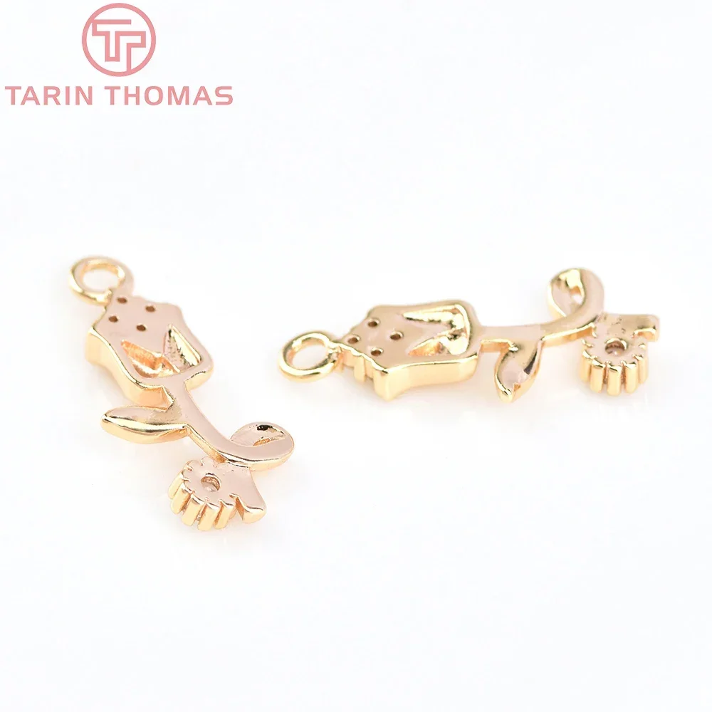 (6013) 6PCS 8x14MM 24K Gold Color Brass with Zircon Rose Flower Branch Charms Pendants High Quality DIY Jewelry Making Findings