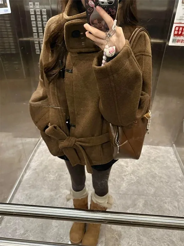Elegant Brown Tweed Coat Women's Loose Waist-Cinching Outerwear Korean Style Autumn Winter Fashion Button Detailing