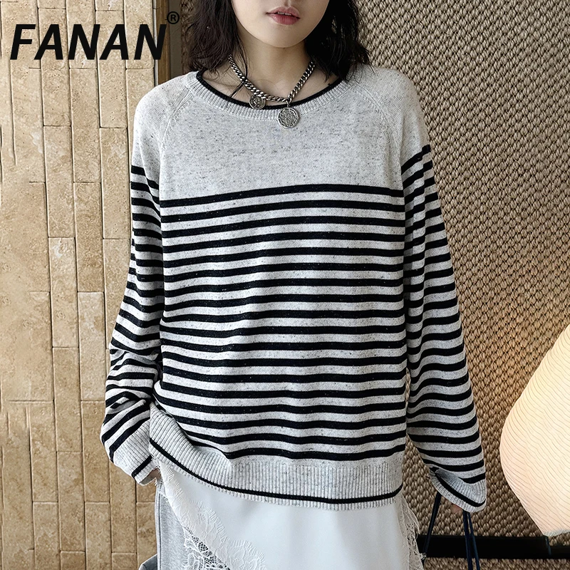 

FANAN Spring Summer New Korean Style Fashion Fine Striped Wool Knit Sweater Round Neck Loose Top Women's Contrast Color Clothes