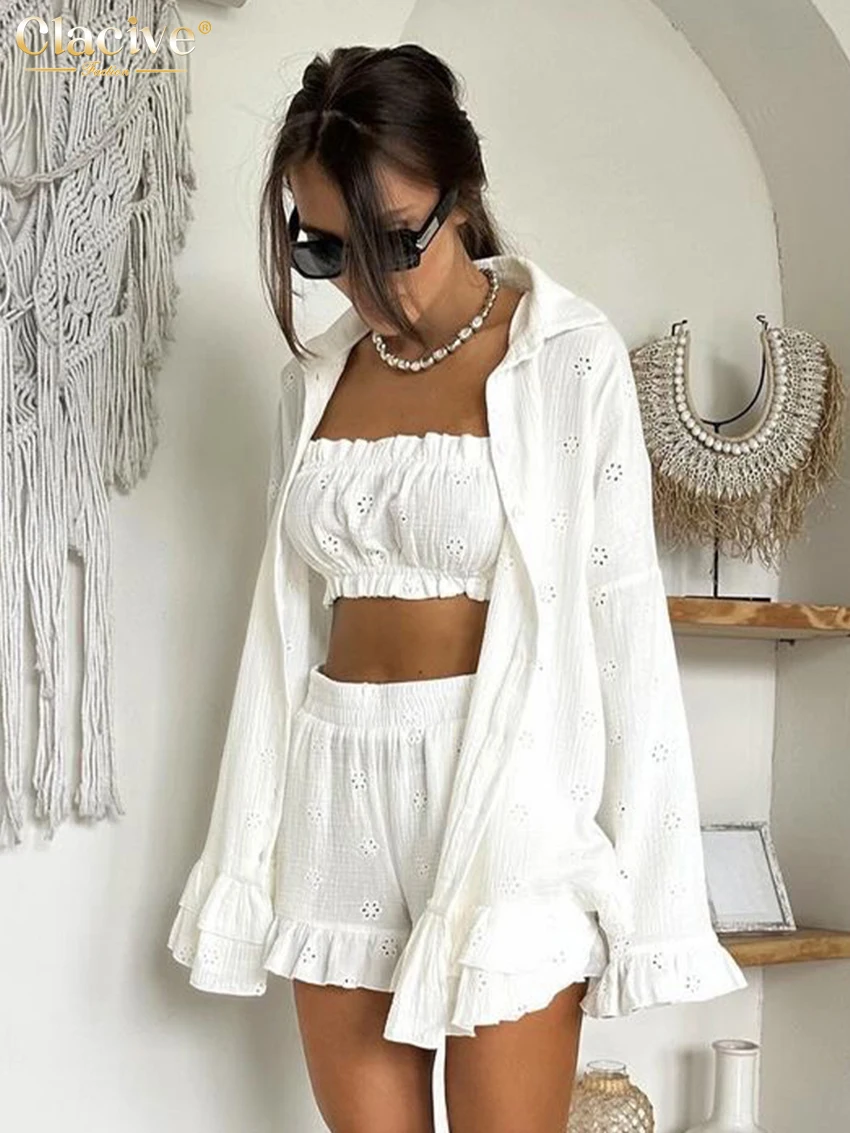 Clacive Fashion Loose White Cotton 3 Piece Sets Women Outfit 2024 Elegant Long Sleevee Shirt With High Waist Shorts Set Female