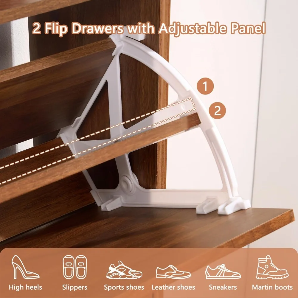 신발 수납장 2개의 플립 서랍이 있는 나무 좁은 신발장 현관용, 플루티드 숨겨진 신발 정리함