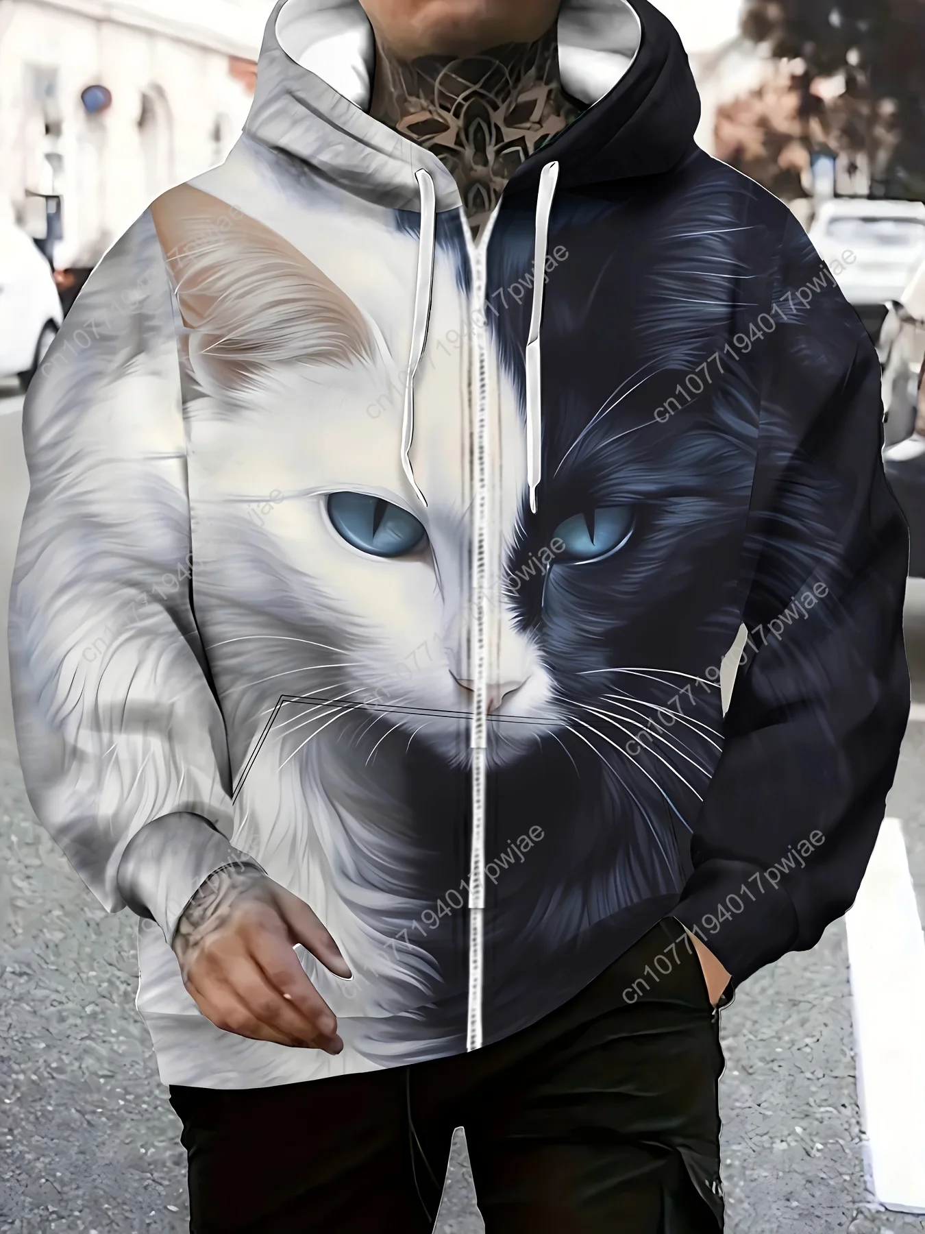 Elegante giacca invernale da uomo con cerniera e cappuccio con stampa faccia di gatto, motivo geometrico, cappuccio con coulisse e tasche - Comoda manica lunga D