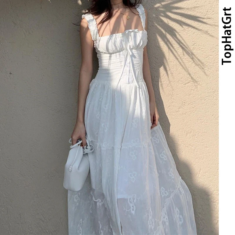 

2024 new summer women's fashionable square neck slim fit lazy holiday style long skirt sweet pure lust temperament dress