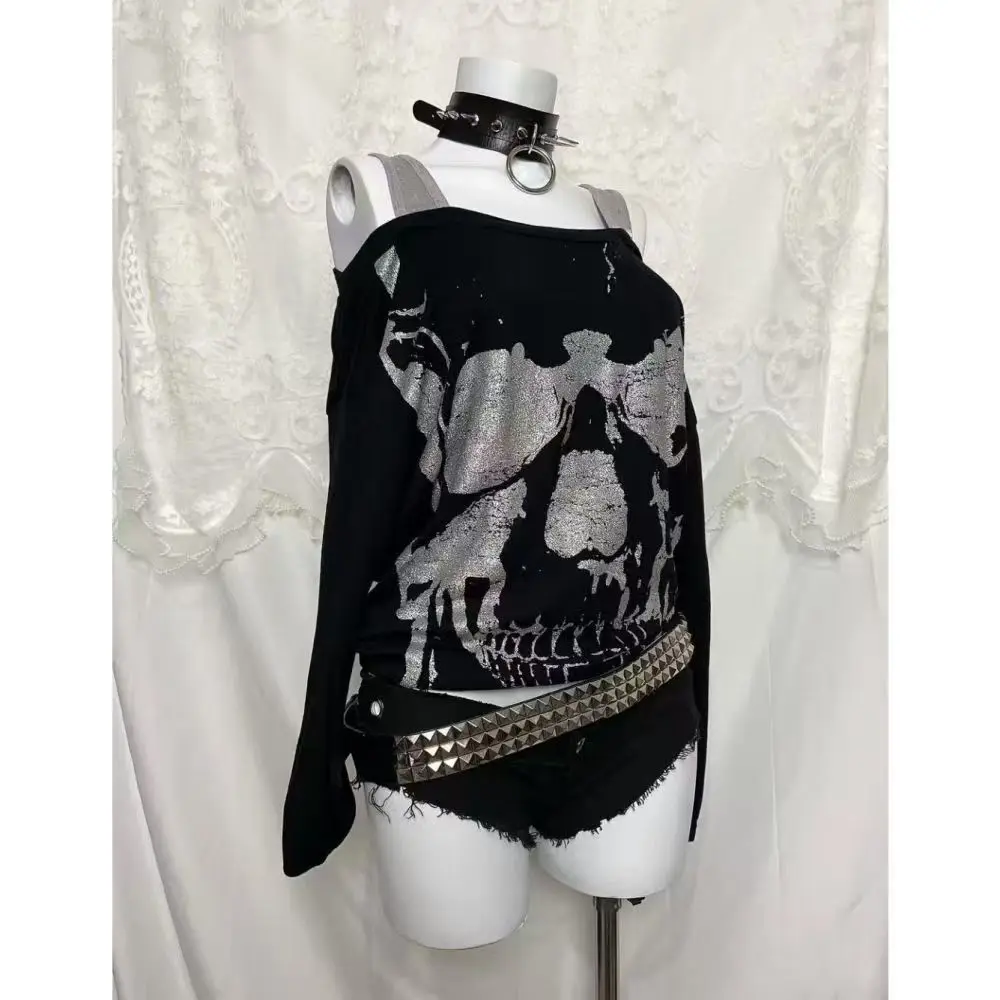 الأمريكية تي شيرت ريترو كم طويل سليم صالح المرأة عادية اليابانية ثقافة فرعية Y2K خمر القوطية تيز الخريف الإناث شيك القمم