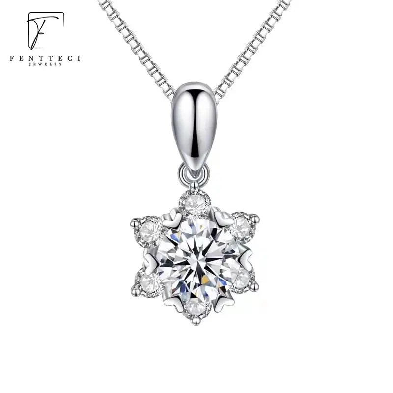 

FENTTECI S925 Sterling Silver Platinum Plated Necklace D Color Moissanite Pendant Chain Snowflake Star For Women Fine Jewelry