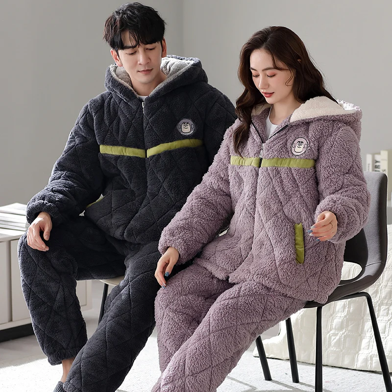 High Quality Winter Couple Pajamas Set 3 Layer Clip Cotton Hooded Pyjamas Lovers Thick Warm Home Clothing
