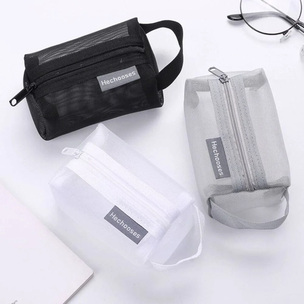 Square Mesh Storage Pouch Cosmetic Bag Mini Zipper Coin Purse Breathable Lightweight Large Capacity Stationery Case