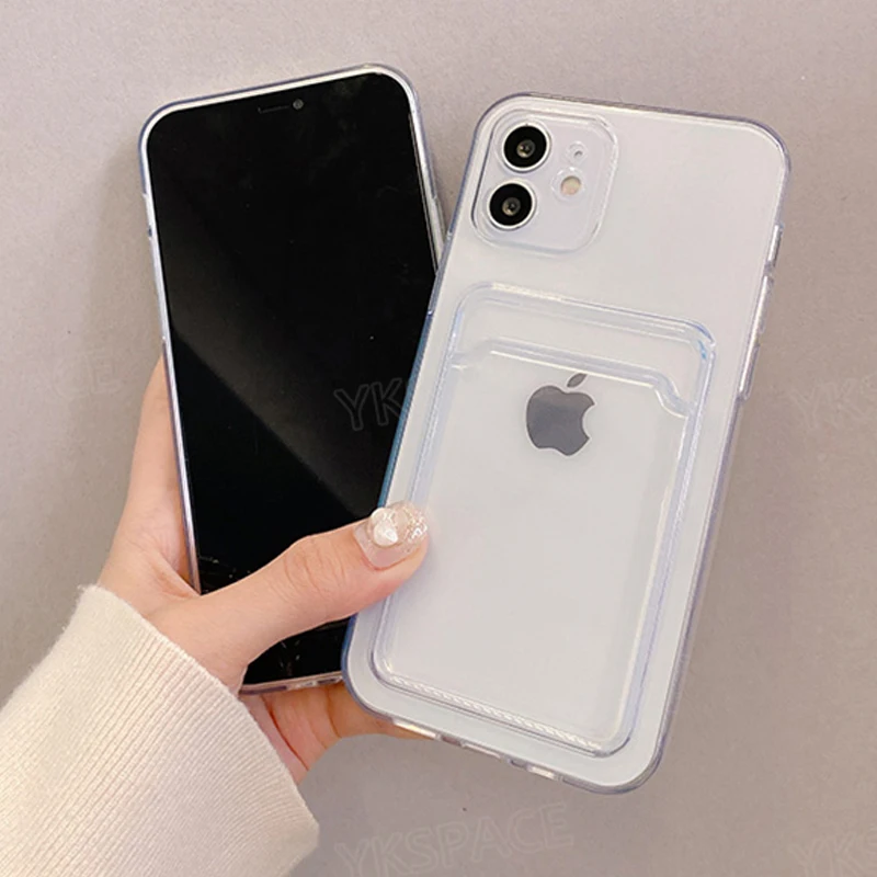 Transparent Silicone Card Pocket Wallet Case For iPhone 17 Air 16 15 14 13 12 mini 11 Pro X XS Max XR 8 Plus SE Soft Phone Cover