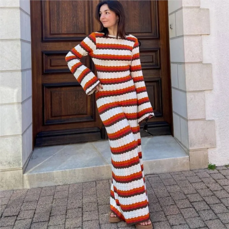 

Striped Knitted Long Dress For Women O-neck Backless Hollow Long-sleeved Women's Slim Dress 2024 Spring And Summer Vacation Robe