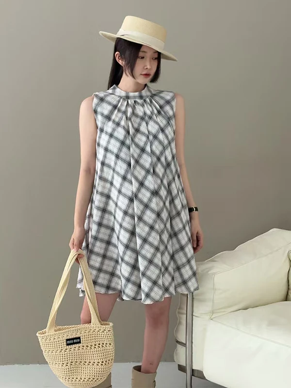 

Bla White Plaid Svel Dr Women's Summer New Agel Slimming Small Size Retro id ort Skirt Faion Set