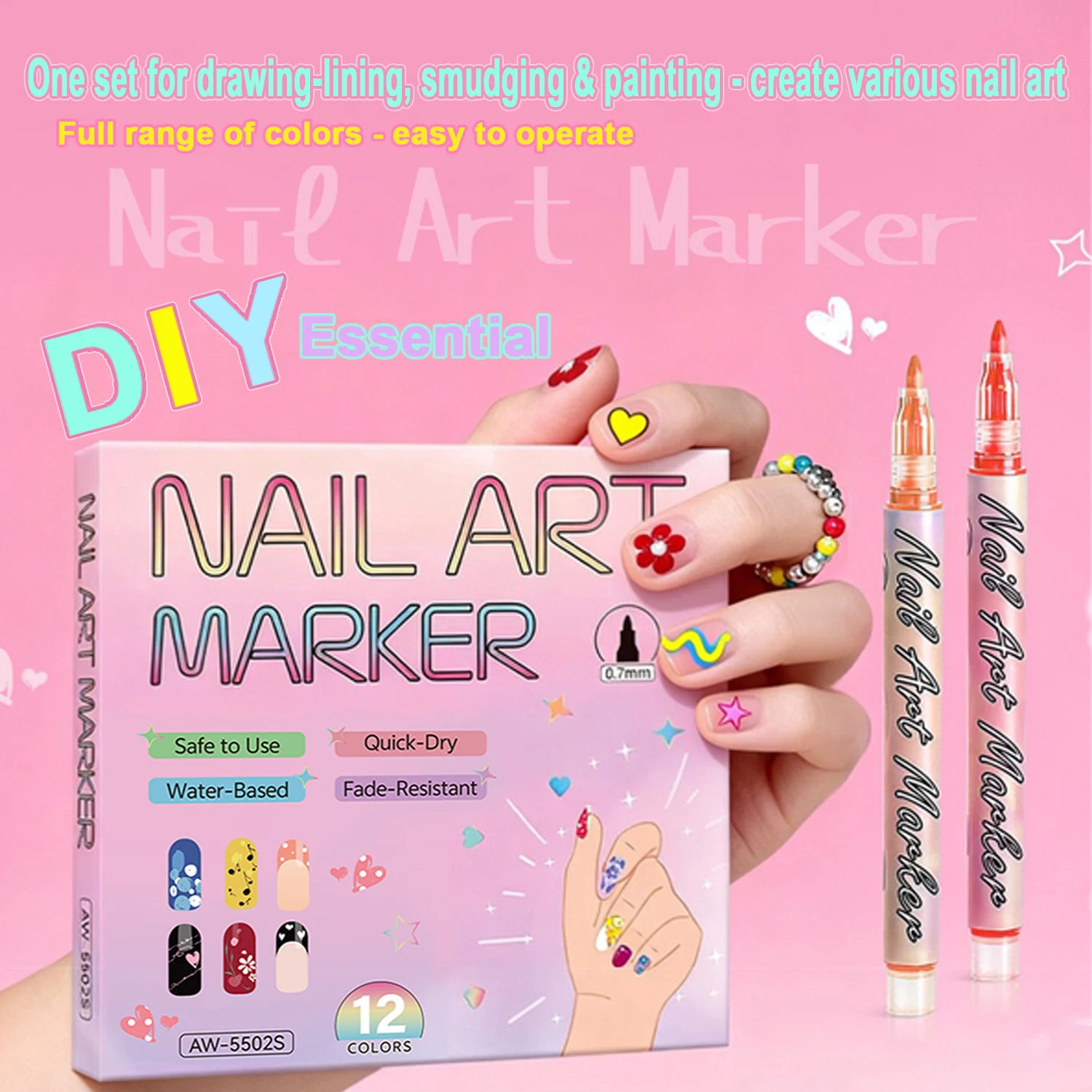 

12-Color 0.7mm Nail Art Pens, High Coverage, Water-Based, Quick-Drying, Waterproof, Smooth Ink Application with One Stroke, Can Create DIY Hand-Drawn Lines, Patterns, and Details, Prevent Smudging, Provide Long-Lasting Color, Are a Practical Tool for Nail