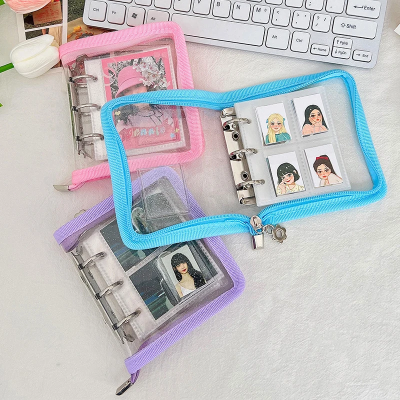 Mini Carpeta de hojas sueltas con cremallera para álbum de fotos, cubierta de Metal de 3 agujeros, carpeta de tarjetas de Pvc para niñas, soporte