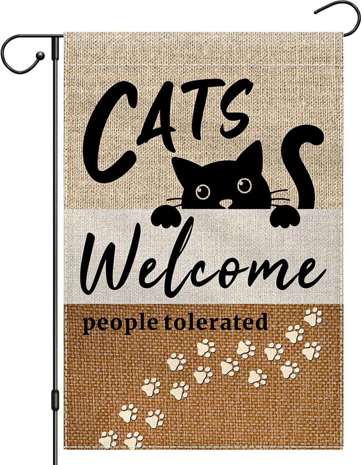 Cats Welcome People Tolerated Garden Flag 12X18 Double Sided, Black Cat Garden Flags for Outside, Cats Paw Prints Yard Flags YYQ