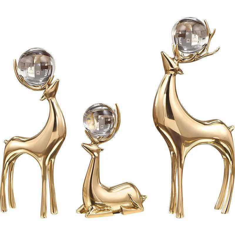 

Luxury Nordic copper deer with Crystal ball figure room decoration cabinet decor European gift home office room decor modern art