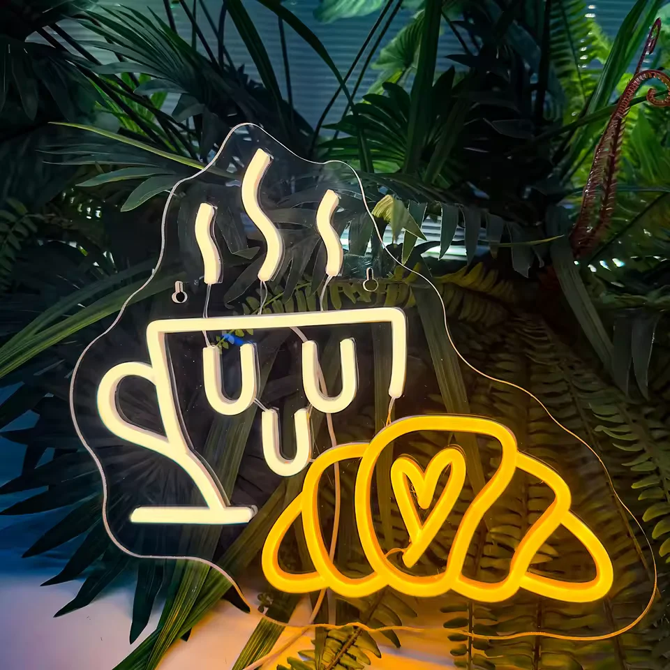 Coffee Bread Neon Sign LED Croissant Neon Light Restaurant Breakfast Shop Kitchen Home Decoration Gift Party Wall Hanging Lights