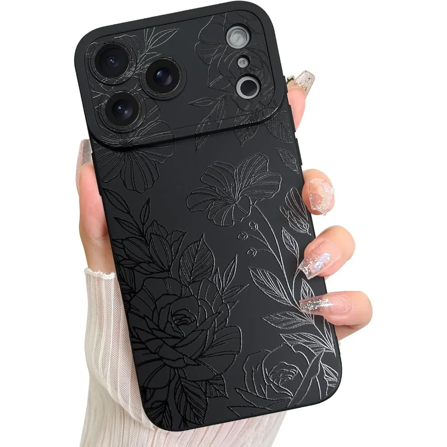 تصميم مطبوع بنمط زهور سوداء، عدسة كاميرا كاملة ناعمة من مادة TPU مضادة للسقوط ومضادة للخدش ومضادة للصدمات
