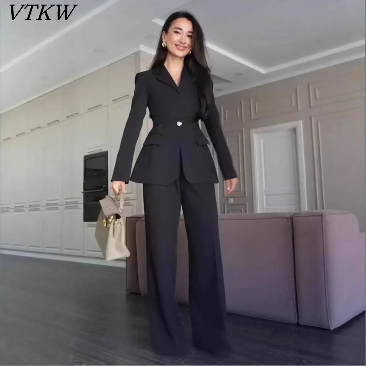 

VTKW 2026 New Women Cross Waist Blazer Two Piece Set Notched Lapel Wide Leg Pants Elegant Office Formal Work Outfit