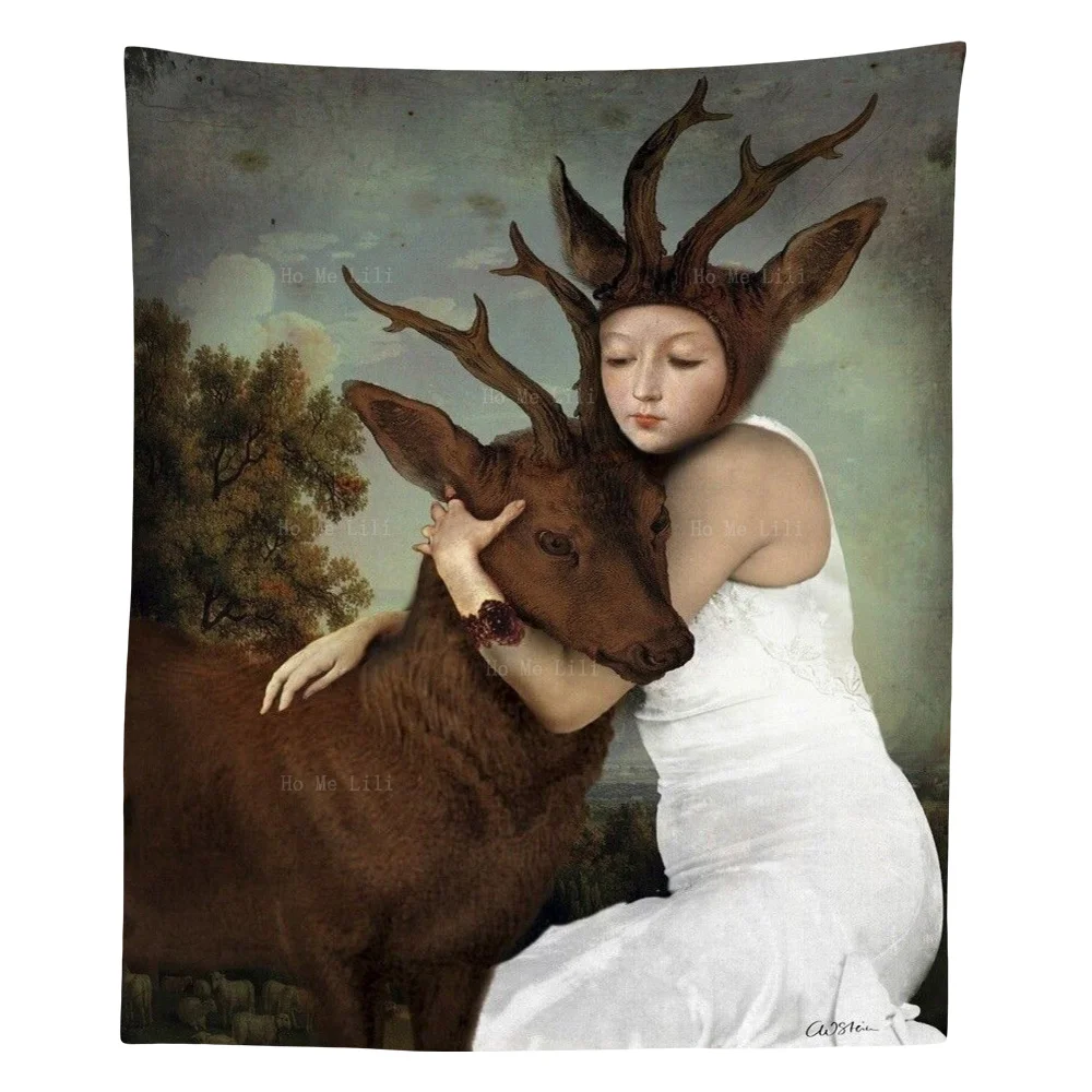 Holding An Elk And A Woman With Antlers And She's Wearing A White Dress Tapestry By Ho Me Lili For Livingroom Decor